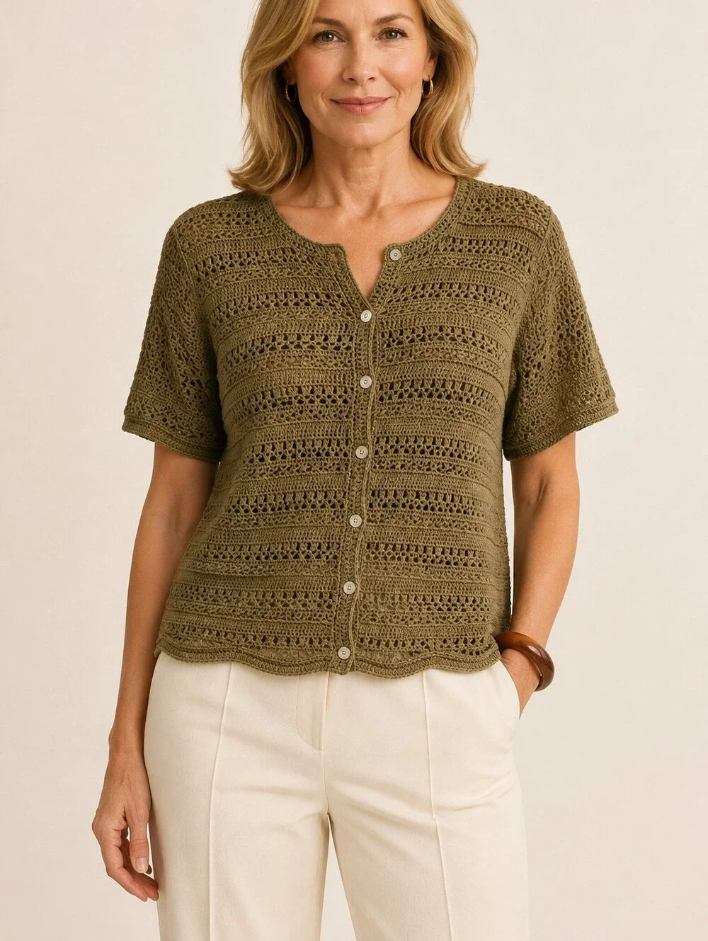 Vintage Claudia D Olive Crochet Cardigan Ramie Cotton Knit Top Large